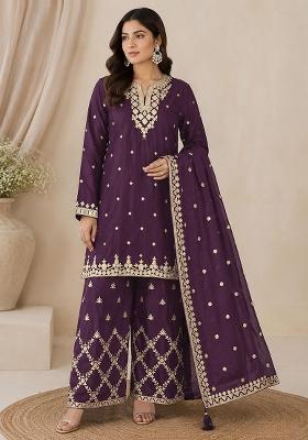 Purple Embroidery Silk Kurta Set