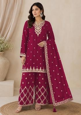 Red Embroidery Silk Kurta Set