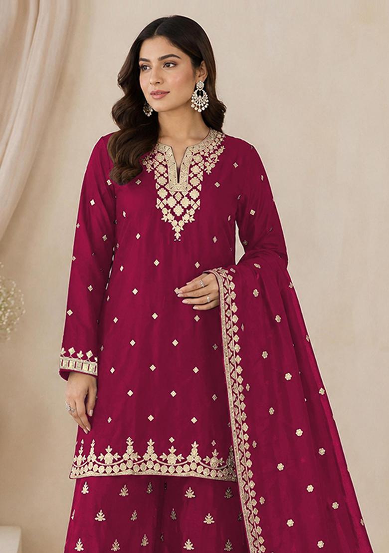 Red Embroidery Silk Kurta Set - Indya