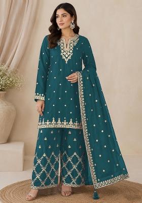 Teal Blue Embroidery Silk Kurta Set