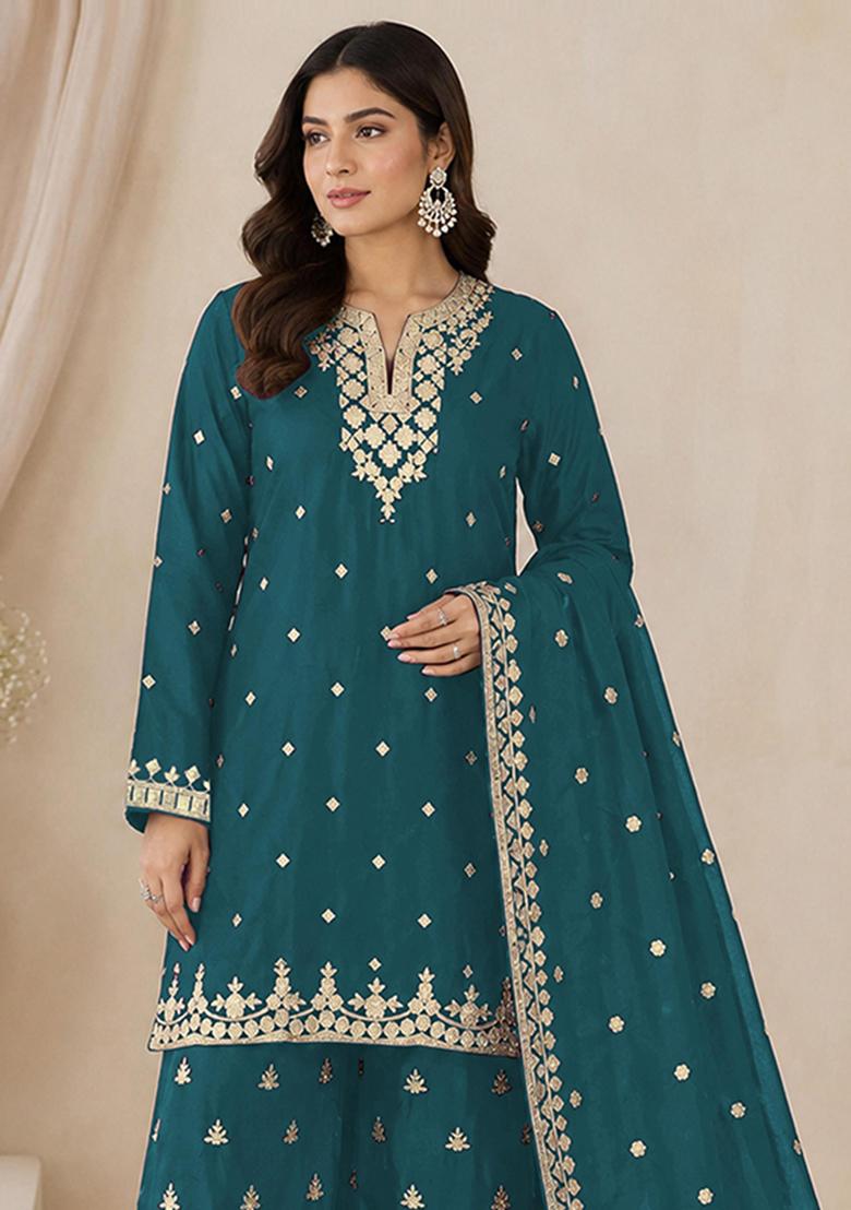 Teal Blue Embroidery Silk Kurta Set - Indya