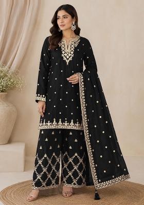 Black Embroidery Silk Kurta Set