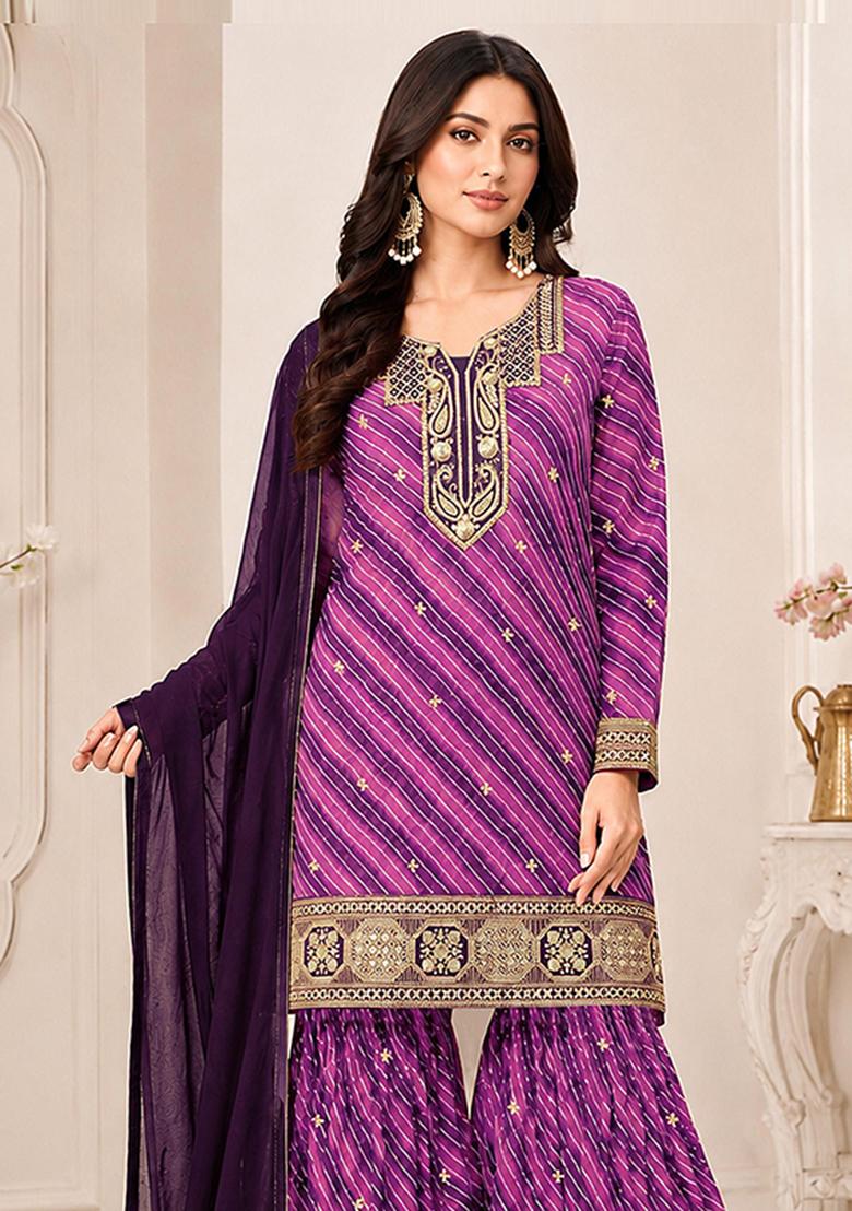 Purple Embroidery Georgette Kurta Set - Indya