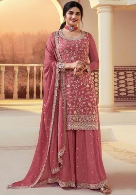 Peach Embroidery Silk Kurta Set
