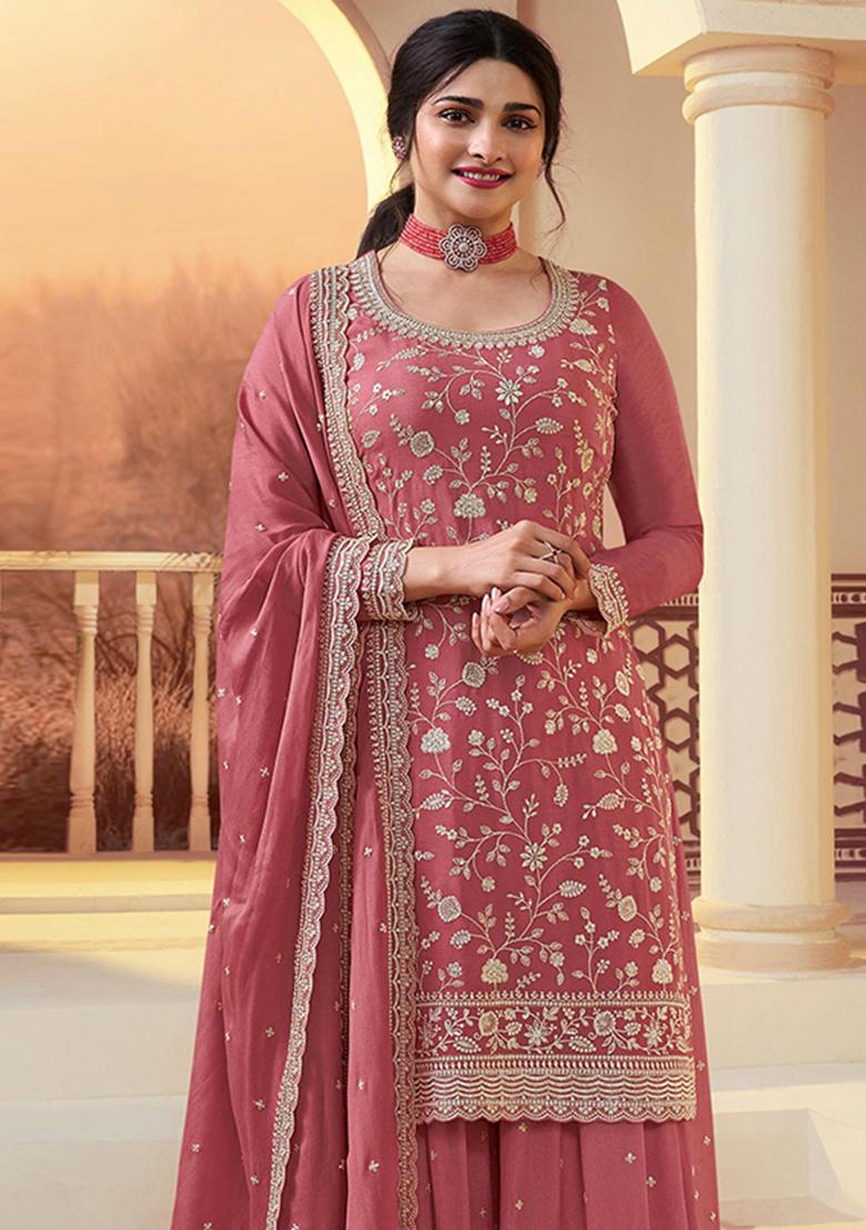 Peach Embroidery Silk Kurta Set - Indya