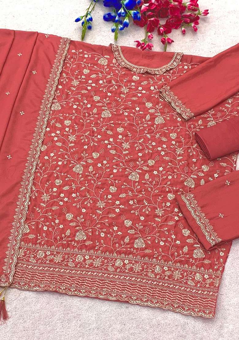 Peach Embroidery Silk Kurta Set - Indya