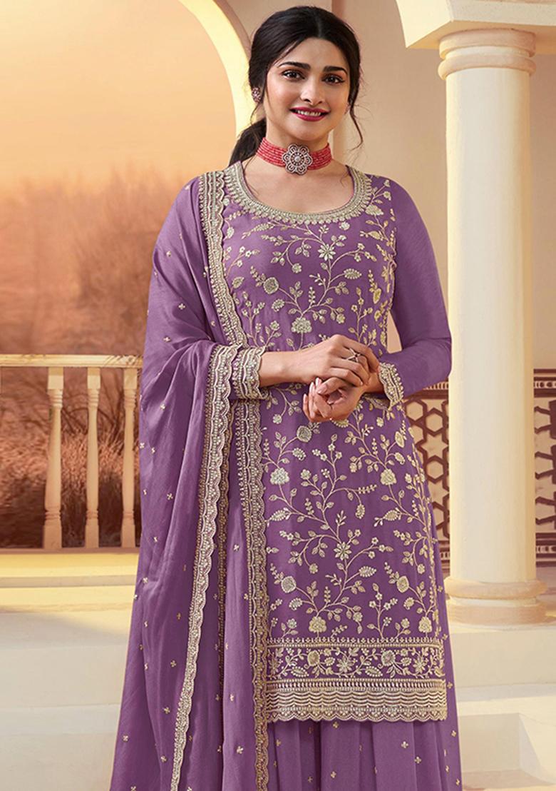 Lavender Embroidery Silk Kurta Set - Indya