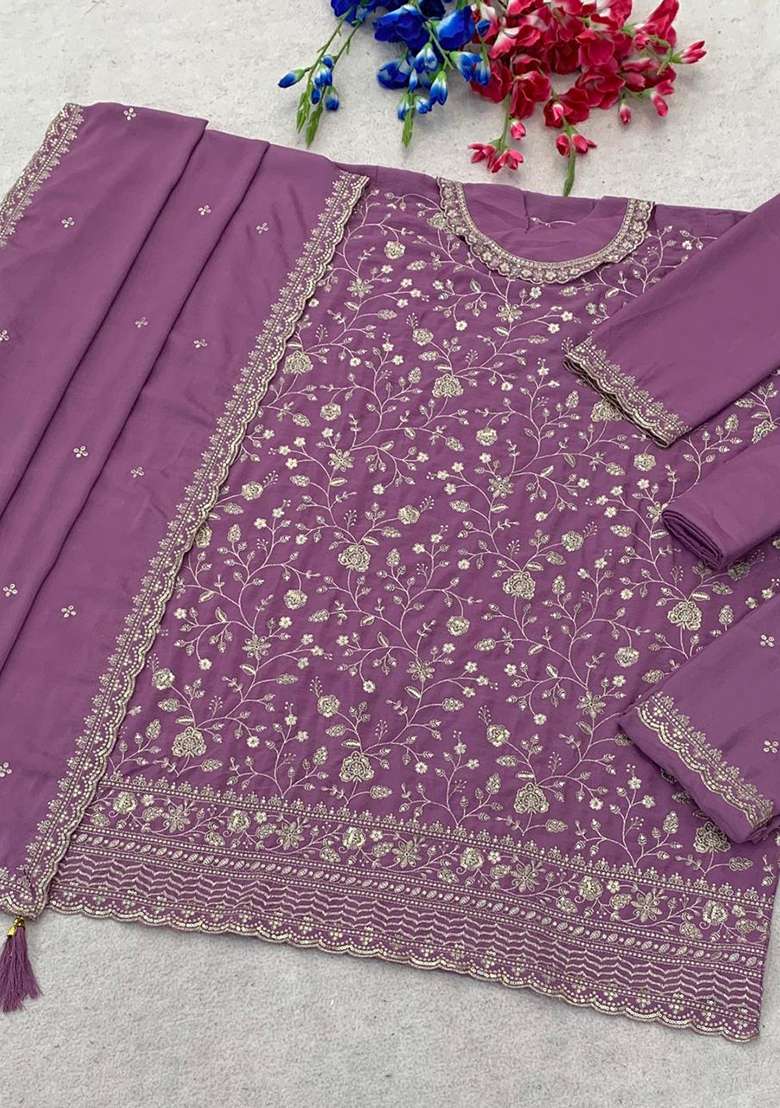 Lavender Embroidery Silk Kurta Set - Indya