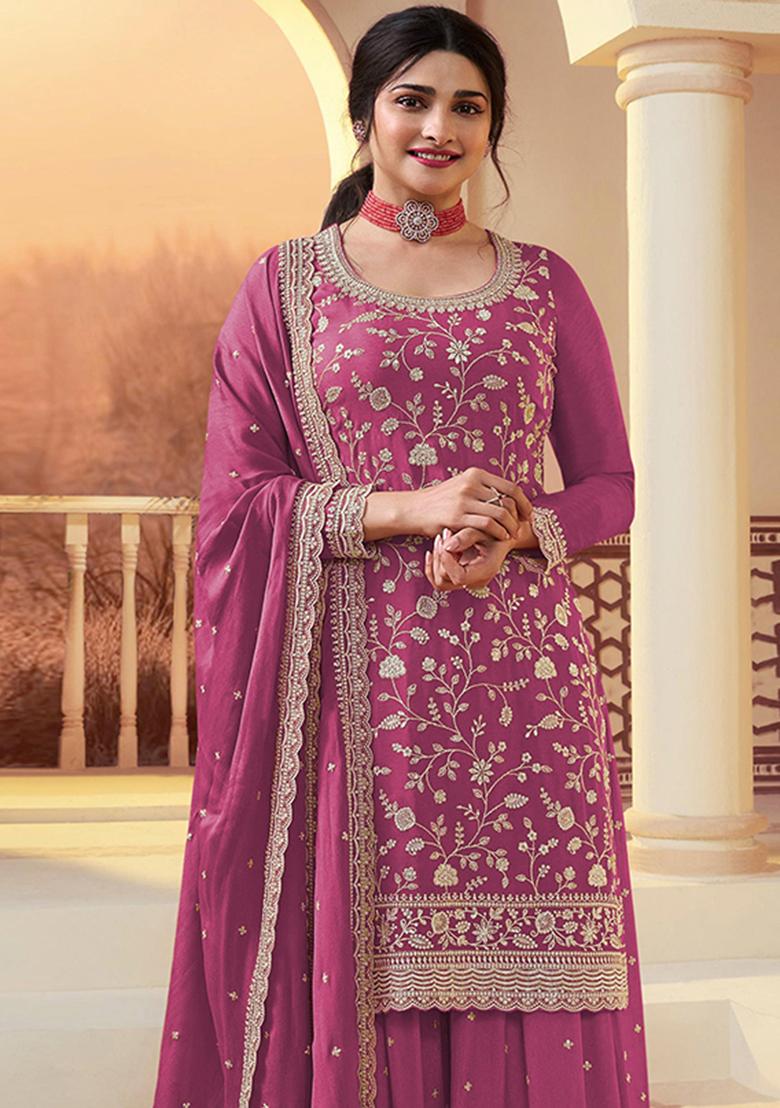 Pink Embroidery Silk Kurta Set - Indya
