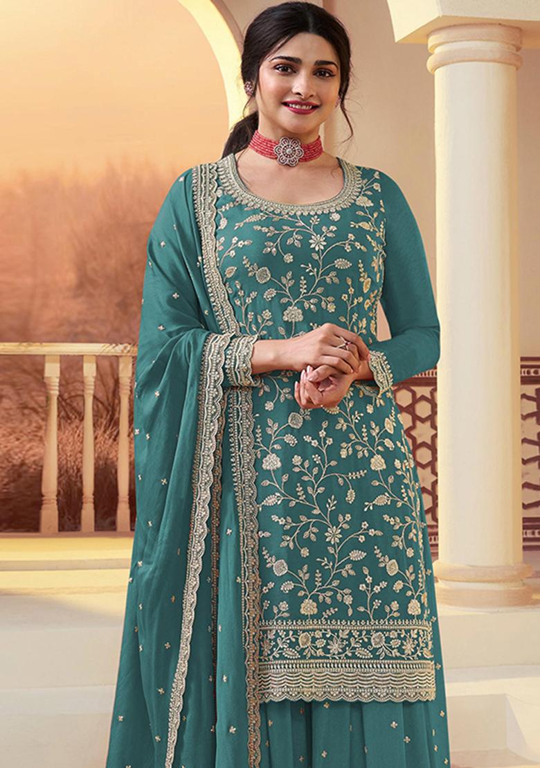 Blue Embroidery Silk Kurta Set - Indya