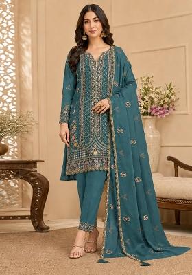 Teal Blue Embroidery Silk Kurta Set
