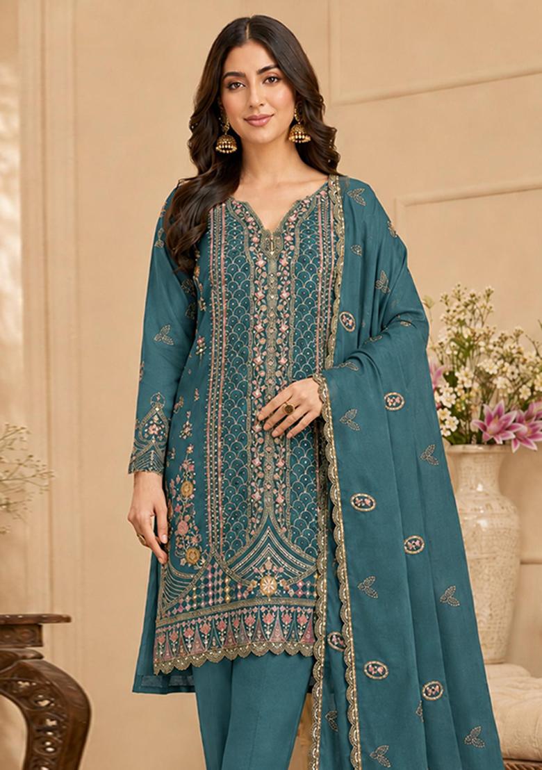 Teal Blue Embroidery Silk Kurta Set - Indya