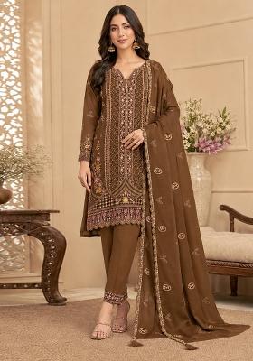 Brown Embroidery Silk Kurta Set