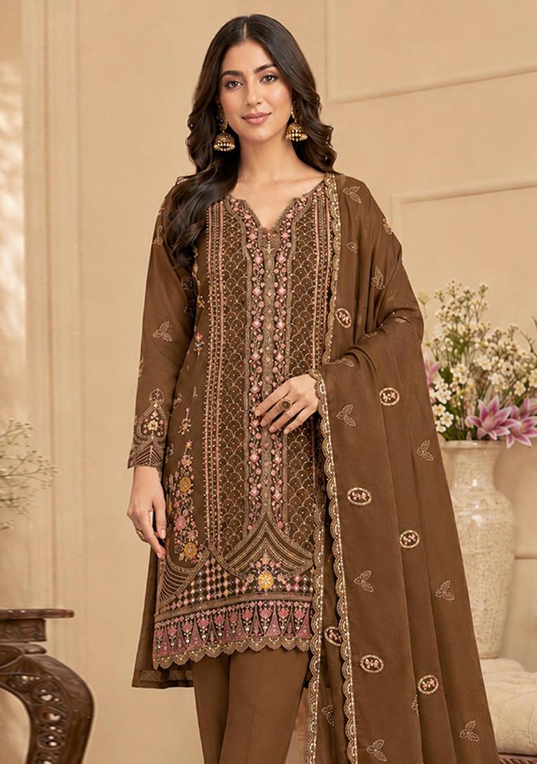 Brown Embroidery Silk Kurta Set - Indya