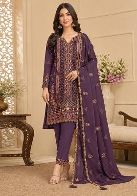 Purple Embroidery Silk Kurta Set