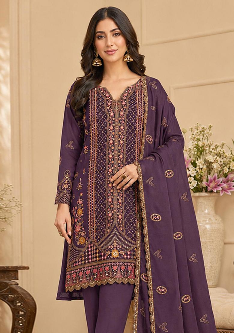 Purple Embroidery Silk Kurta Set - Indya