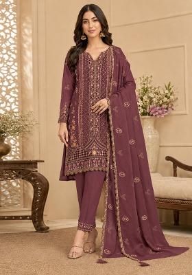 Wine Embroidery Silk Kurta Set