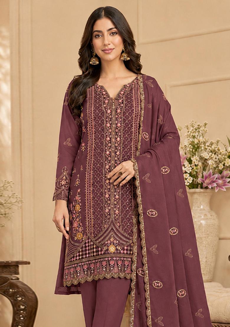 Wine Embroidery Silk Kurta Set - Indya