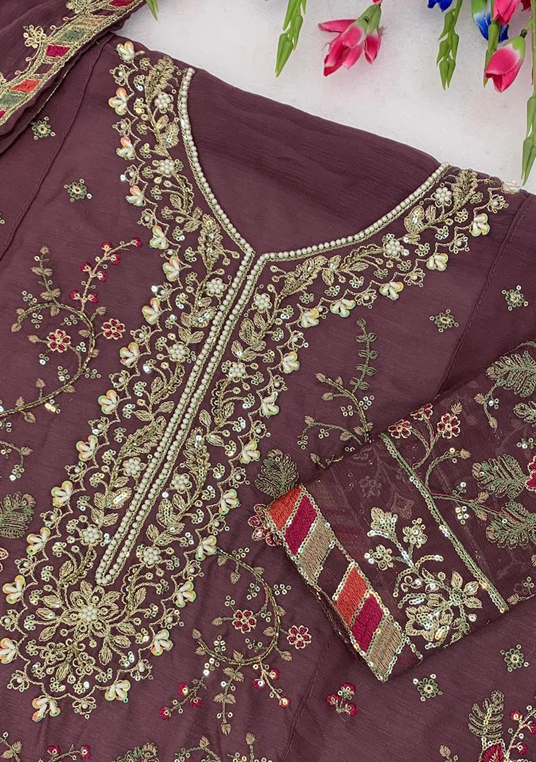 Wine Embroidery Chiffon Kurta Set - Indya