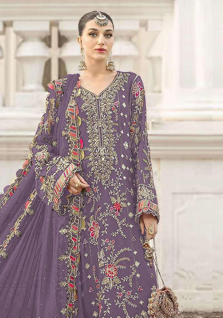 Lavender Embroidery Chiffon Kurta Set - Indya