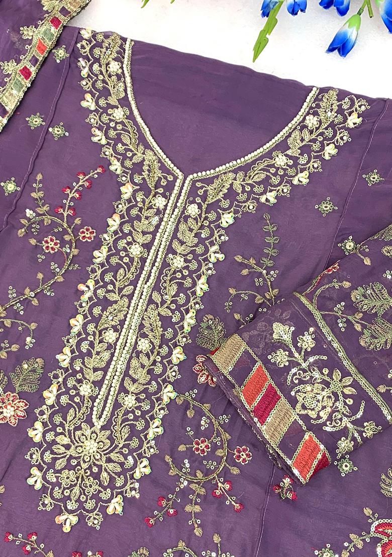 Lavender Embroidery Chiffon Kurta Set - Indya