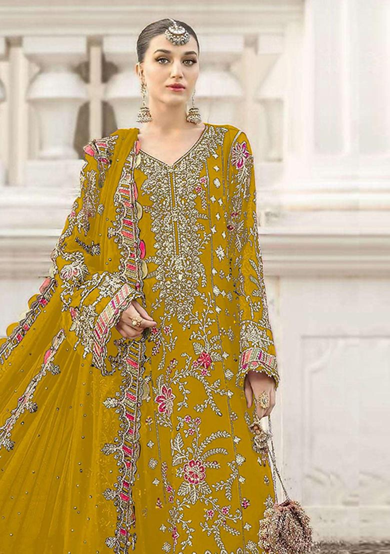 Yellow Embroidery Chiffon Kurta Set - Indya