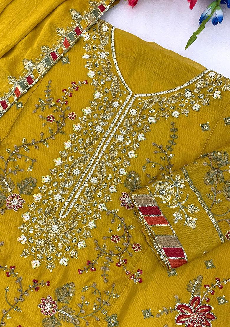 Yellow Embroidery Chiffon Kurta Set - Indya