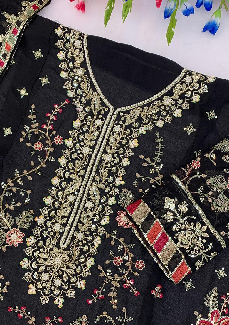 Black Embroidery Chiffon Kurta Set - Indya