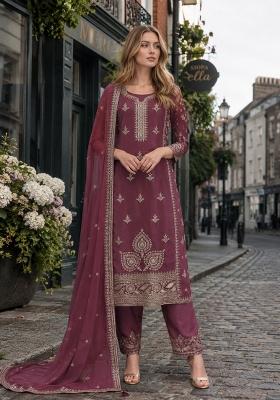 Purple Embroidery Silk Kurta Set