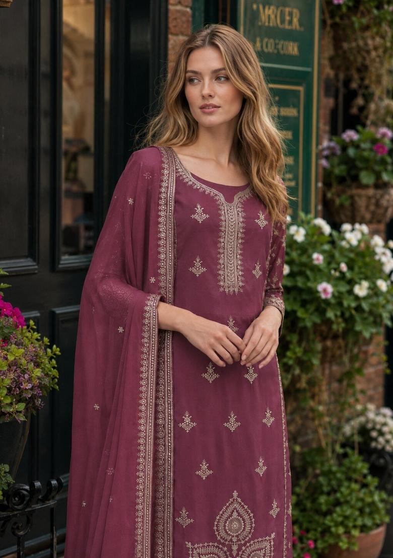 Purple Embroidery Silk Kurta Set - Indya