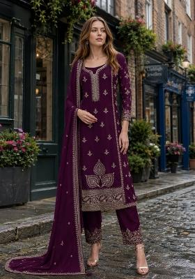 Dark Purple Embroidery Silk Kurta Set