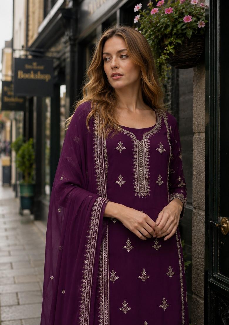 Dark Purple Embroidery Silk Kurta Set - Indya