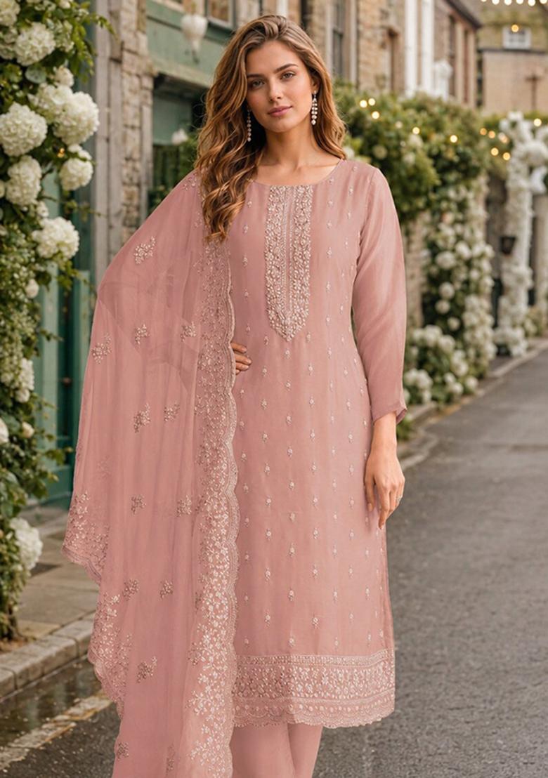 Pink Embroidery Organza Kurta Set - Indya