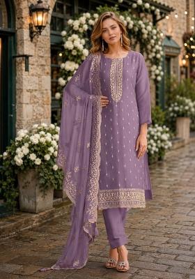 Purple Embroidery Organza Kurta Set