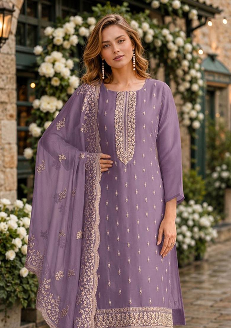 Purple Embroidery Organza Kurta Set - Indya