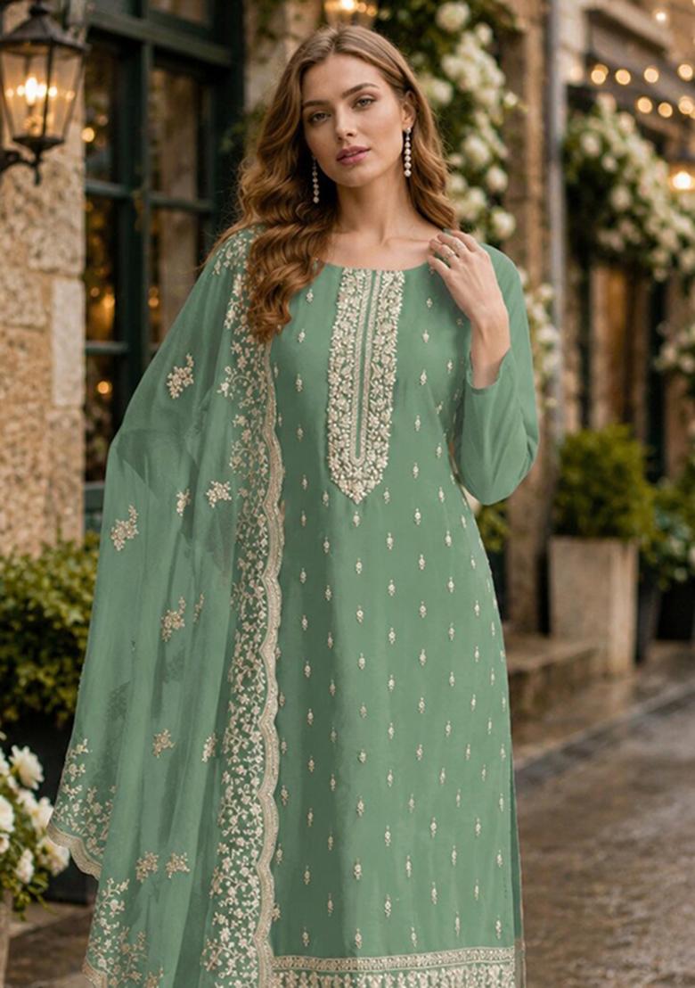 Light Green Embroidery Organza Kurta Set - Indya