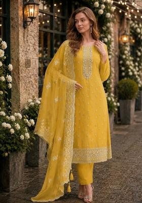 Yellow Embroidery Organza Kurta Set