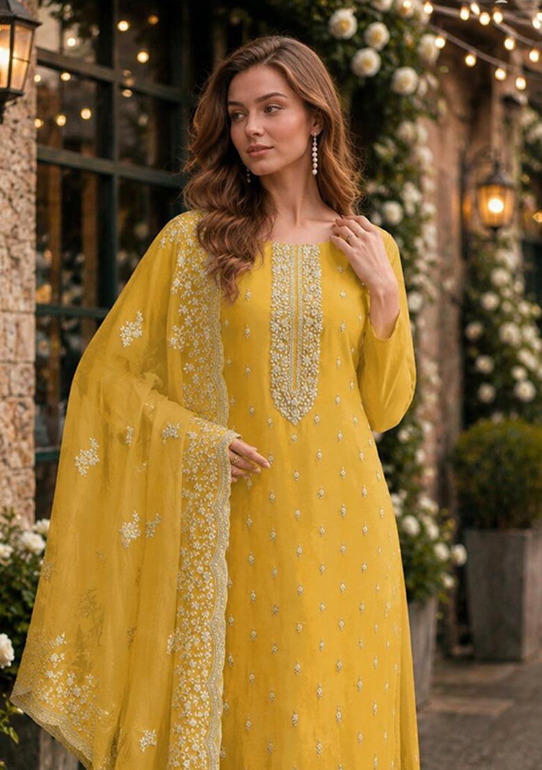 Yellow Embroidery Organza Kurta Set - Indya