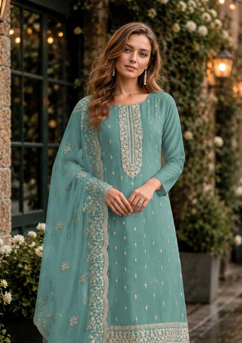 Light Blue Embroidery Organza Kurta Set - Indya