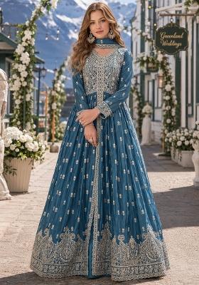 Teal Embroidery Chiffon Anarkali Set
