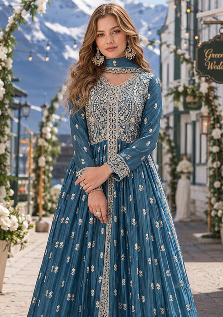 Teal Embroidery Chiffon Anarkali Set - Indya