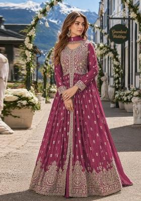 Magenta Embroidery Chiffon Anarkali Set