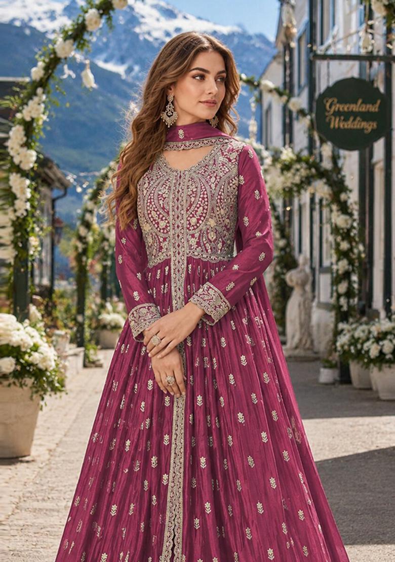 Magenta Embroidery Chiffon Anarkali Set - Indya