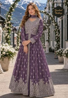 Dark Purple Embroidery Chiffon Anarkali Set