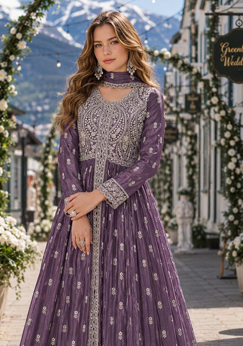 Dark Purple Embroidery Chiffon Anarkali Set - Indya