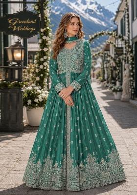 Green Embroidery Chiffon Anarkali Set