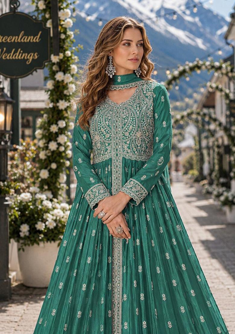 Green Embroidery Chiffon Anarkali Set - Indya