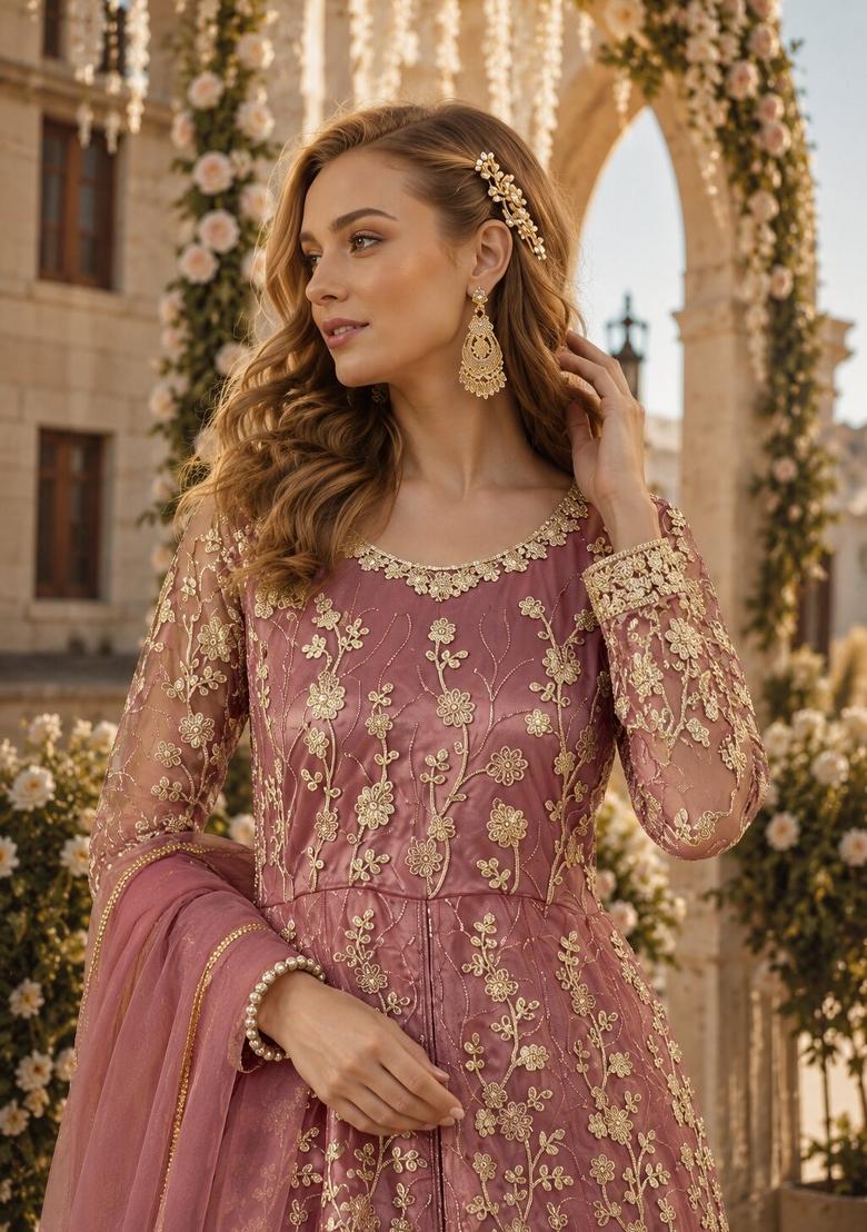 Pink Embroidery Net Anarkali Set - Indya