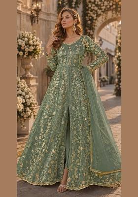 Light Green Embroidery Net Anarkali Set