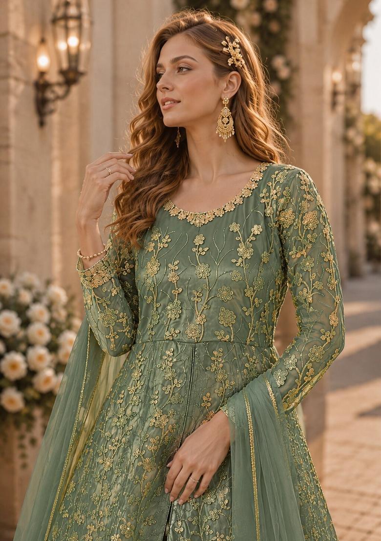 Light Green Embroidery Net Anarkali Set - Indya